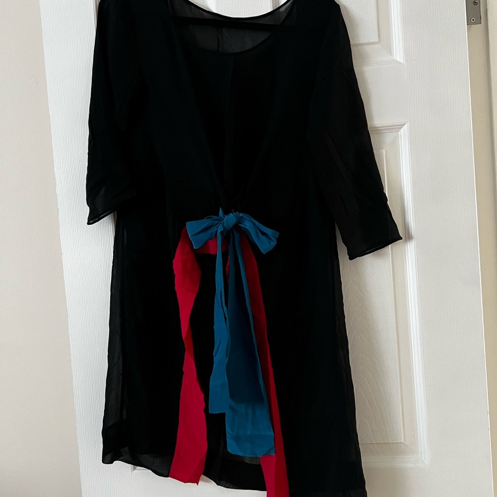Elegant Black Dress with Red and Blue Accents